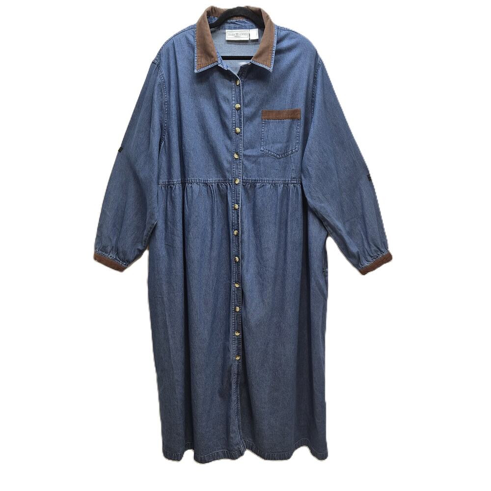 Anna Maxwell Denim & Corduroy Trim Button Front Maxi Dress Women's 4X Lagenlook